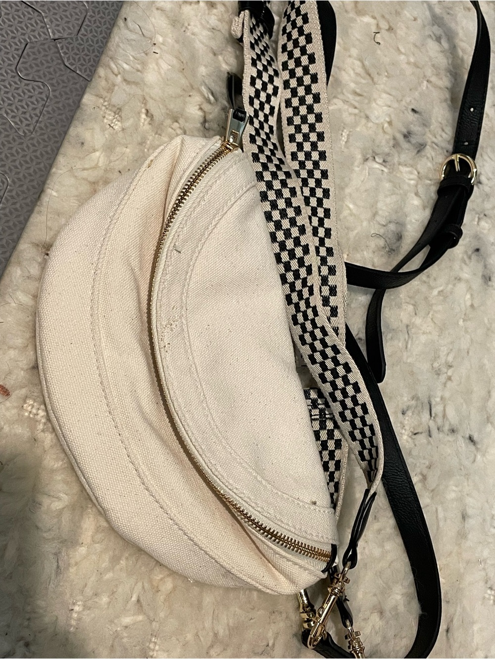 Canvas Crescent Crossbody Bag in Cream with Solid & Checker Straps